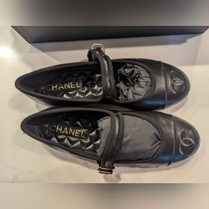 Chanel 24S Black Leather Mary Jane's Flats Logo With Strap, Size 37.5